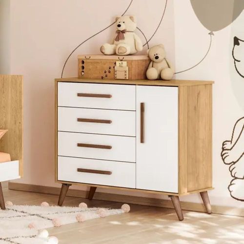 Cômoda Sapateira Qencanto Retro 4 Gavetas E 1 Porta Freijó Com Branco Acetinado Qmovi