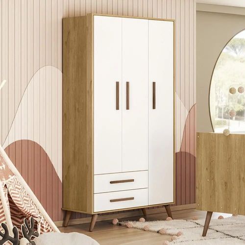 Roupeiro Qencanto Retrô 3 Portas E 2 Gavetas Freijó Toq Com Branco Acetinado Qmovi