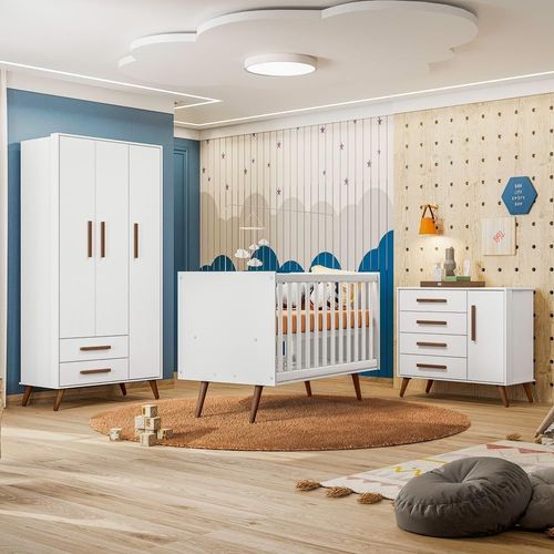 Quarto Completo Qencanto Retrô Roupeiro, Berço Mini Cama E Cômoda Sapateira Branco Acetinado Qmovi