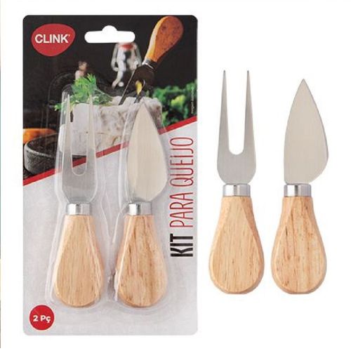 Kit Para Queijos 2 Peças Inox Com Cabo Amadeirado Clink