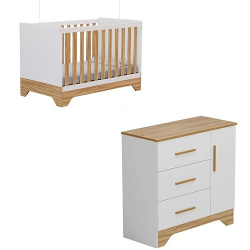 Quarto Completo Cômoda E Berço 3 Em 1 Popy Retrô Branco Brilho Com Amêndoa Peroba