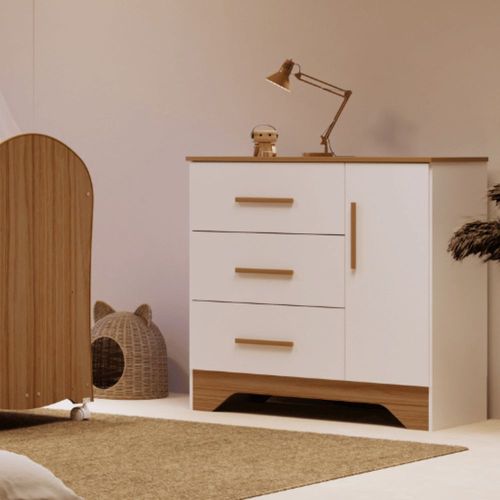 Cômoda Popy Retrô 1 Porta E 3 Gavetas Branco Brilho E Amêndoa Peroba