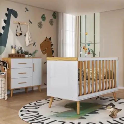 Quarto Completo Cômoda E Berço 2 Em 1 Sky Branco Brilho Com Amêndoa Peroba