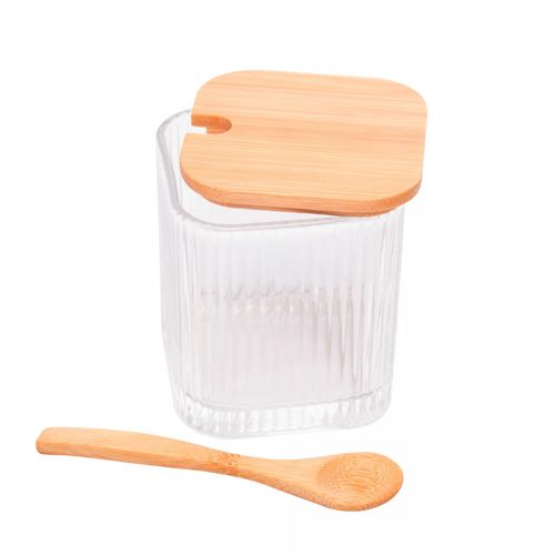 Porta Tempero de Vidro com Colher e Tampa de Bambu Lines 8cm x 8cm x 9,5cm Lyor
