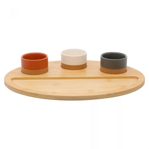 Conjunto 3 Petisqueiras com Bandeja de Bambu 33cm x 25cm x 4cm Lyor