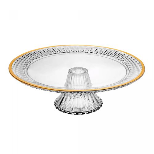Prato para Bolo de Cristal com Pé e Fio de Ouro Radial 32cm x 32cm x 10cm Lyor