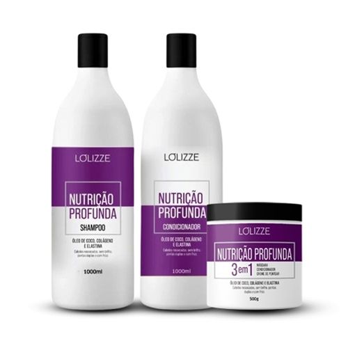 Kit Lolizze Shampoo e Condicionador Nutrição Profunda 1L e Máscara 3 em 1 500g