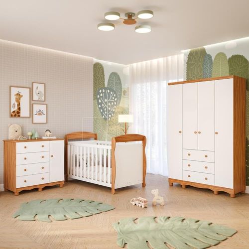 Quarto Completo Junior New Cômoda, Berço Mini Cama E Roupeiro Branco Brilho E Amêndoa Peroba