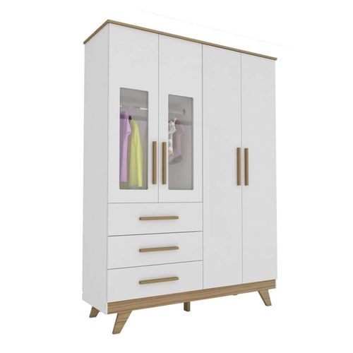 Roupeiro Retrô 4 Portas Branco Brilho/Carvalho Peroba Móveis